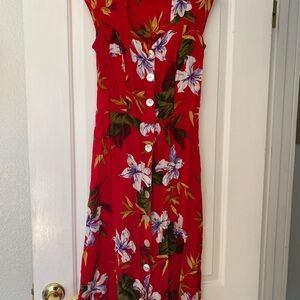 Vintage Vibrant Red Floral Midi Dress